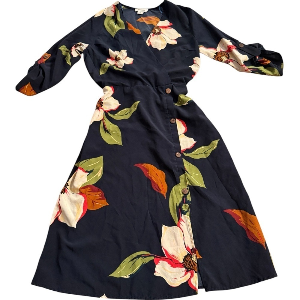 Monteau Navy Floral Polyester Spandex Faux Wrap Roll Tab Sleeve Dress Size XS